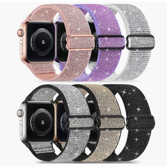 NWT SET OF 6 METALLIC Apple Watch Adjustable Elastics Replacement Wristbands - Picture 1 of 4